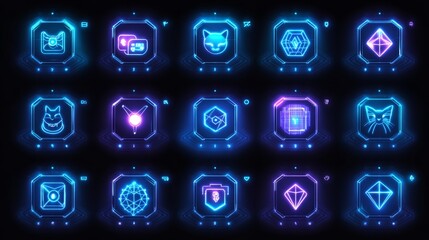 Futuristic Neon UI Game Icons Set Glowing Interface Design Elements