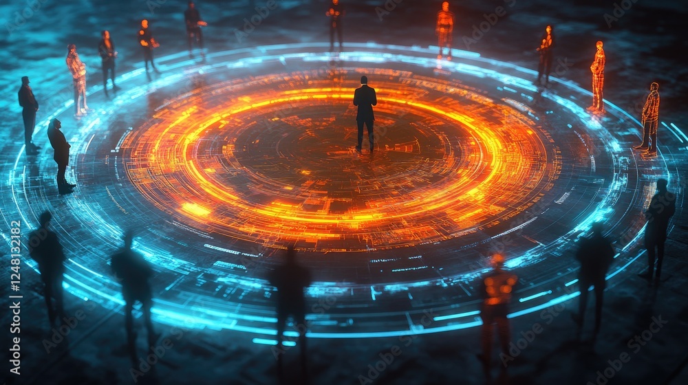 Poster a glowing circular arena with holographic figures engaging in debates and discussions, symbolizing t