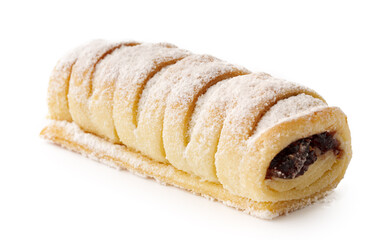 Delicious pastry roll filled with rich chocolate and dusted with powdered sugar
