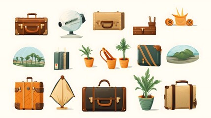 Iconic travel and tourism symbols including suitcases passports and landmarks set against a clean white background representing the excitement and anticipation of exploring new destinations