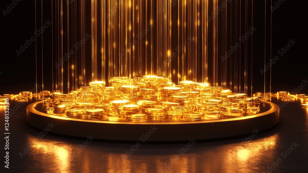 Poster A glowing fountain flowing with golden liquid coins and bars into a shimmering pool, symbolizing abundance and wealth circulation, with an elegant empty podium for display.