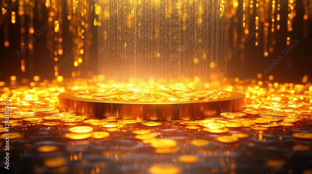 Poster A glowing fountain flowing with golden liquid coins and bars into a shimmering pool, symbolizing abundance and wealth circulation, with an elegant empty podium for display.