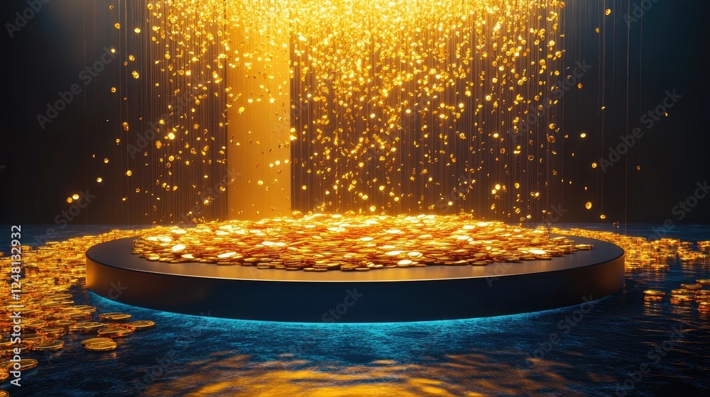 Poster a glowing fountain of golden coins and bars flowing into a shimmering pool, embodying abundance, wit