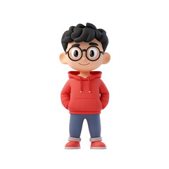 cheerful cartoon character wearing red hoodie and glasses