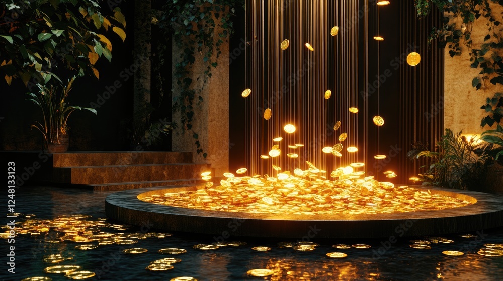 Poster a glowing fountain of golden coins and bars flowing into a shimmering pool, embodying abundance, wit