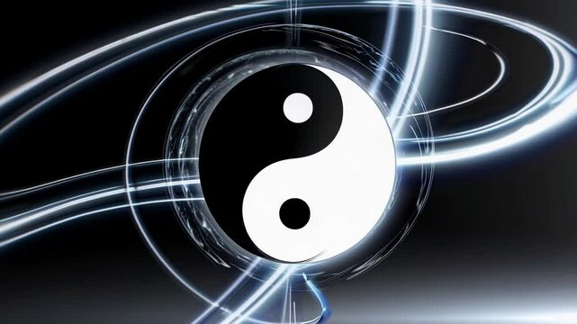 Dynamic video still of a yin-yang symbol with swirling blue energy lines. The camera angle is front-facing, highlighting balance and harmony.