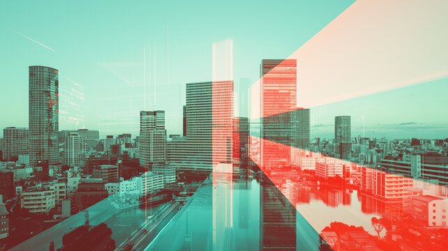 Urban Landscape with Abstract Red and Blue Color Overlay Depicting Modern City Architecture and Skyscrapers