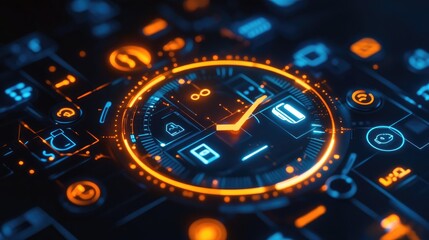 Fototapeta premium A glowing futuristic clock with icons representing various smart home applications, symbolizing the convergence of technology and time management in modern living spaces.