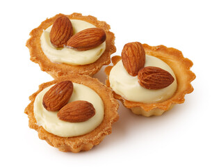 Delicious almond cream tarts arranged on a white background for a tempting dessert display