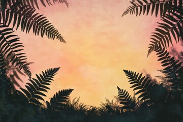 Naklejka premium A silhouette of large fern leaves creating a soft shadow over a pastel sunset sky.
