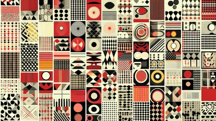Abstract Geometric Textile Design Patchwork Red Black Beige Modern Art Print