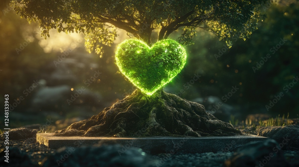 Poster a glowing green heart embedded in the roots of an ancient tree, pulsing with radiant energy, symboli