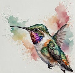 "An artistic watercolor-style painting of a hummingbird, with soft pastel shades blending beautifully on a simple white background."