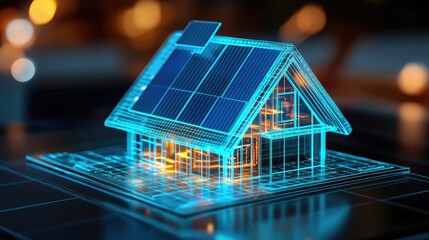 A glowing holographic projection of a smart home with solar panels on the roof, showcasing innovative technology for sustainable living in a futuristic world.