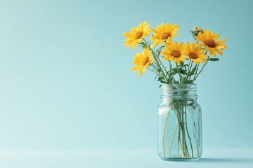 Bright yellow daisies in a modern glass jar, placed on a pastel blue background