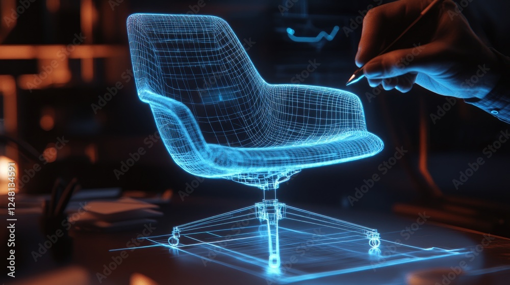 Poster a glowing outline of a virtual chair model hovers over a hand-drawn design, with a designer adjustin