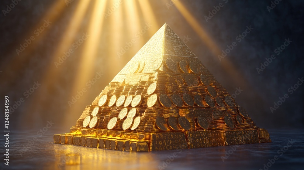 Poster a golden pyramid crafted from coins and bars, emitting beams of light from its apex, representing fi