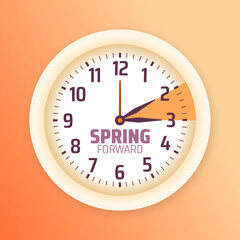 Spring Forward concept 2025 social media post banner or background design template with Golden color. Daylight Saving Time Starts background and cartoon doodle style with clock design.
