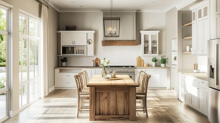 Fototapeta premium Bright modern kitchen with a wooden dining table and sunlight streaming in