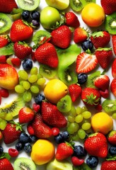 Obraz premium vibrant colorful fruits suspended mid air bright background maximum visual impact, apple, orange, banana, kiwi, pineapple, grape, mango, cherry