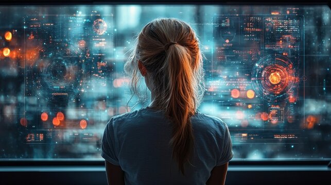 Dynamic Businesswoman on Holographic Stage Showcasing Future of Leadership through Digital Visuals