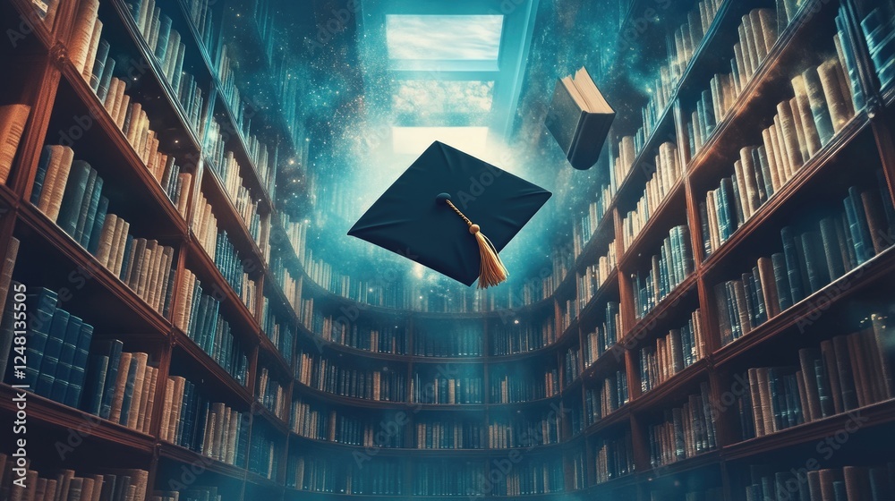 Poster a graduation cap floating in a futuristic library with digital books flying around, symbolizing onli