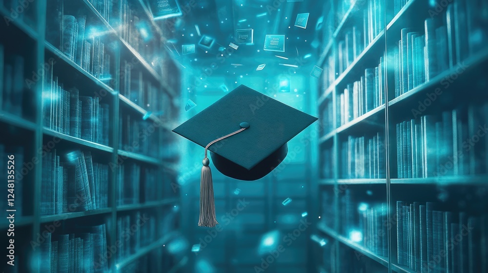 Aufkleber a graduation cap floating in a futuristic library with digital books flying around, symbolizing onli