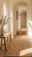 Fototapeta premium Bright hallway with a single wooden bench and a woven rug, framed by natural light