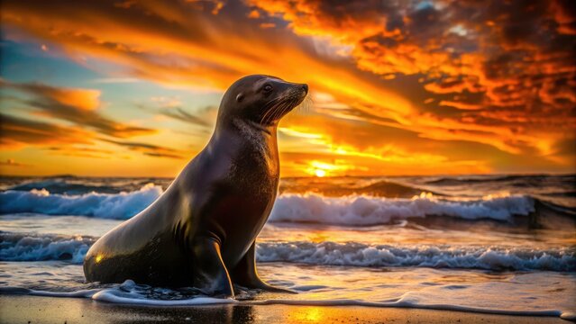 A dark seal silhouette, a beach scene at sunset, showcasing nature's beauty in wildlife photography.