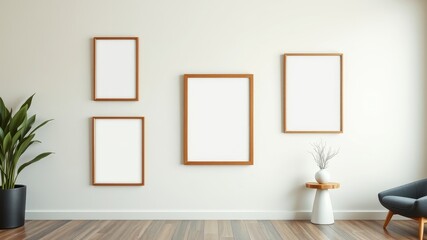 Modern minimalist interior design featuring empty picture frames on a light wall