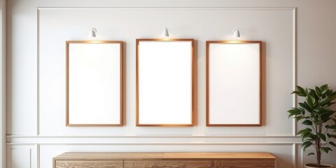 Three blank frames on a white wall with wooden trim and a light wood console table below, illuminated by wall sconces.