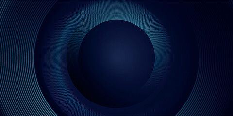Abstract blue glowing geometric lines on dark blue background. Modern shiny blue circle lines pattern. Futuristic technology concept. Suit for cover, poster