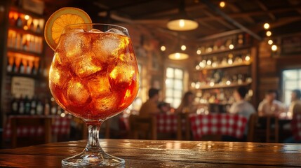 Cocktails are served in glass cups, with large ice cubes and orange slices placed on wooden tables in Italian restaurants, creating warm lighting, vintage decor, and a lively dining atmosphere