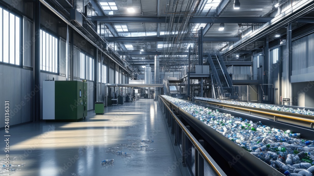 Aufkleber A high-tech recycling plant converting medical waste into biodegradable materials using advanced automation and AI, showcasing eco-friendly processing and innovation.