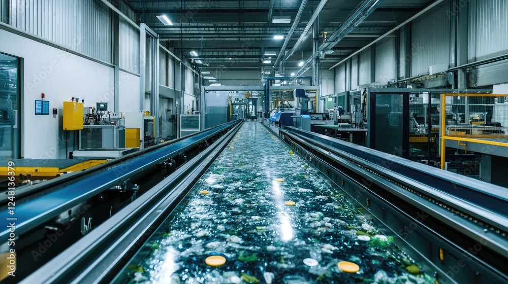 Poster A high-tech recycling plant converting medical waste into biodegradable materials using advanced automation and AI, showcasing eco-friendly processing and innovation.