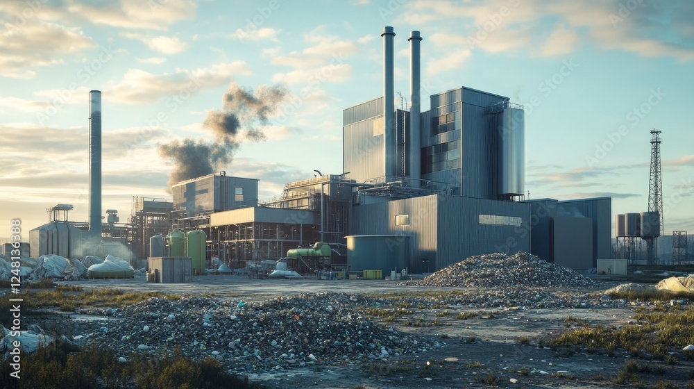 Poster a high-tech recycling plant converting medical waste into biodegradable materials using advanced aut