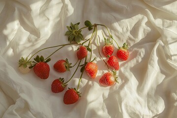 Flat lay of freshly picked strawberries on a white linen cloth, glowing in soft sunlight