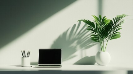 Modern workspace with laptop, potted plant, and natural light creating shadows on a minimalist desk