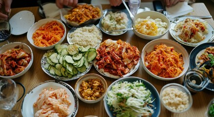 Aesthetic top shot of bowls of plates with fermented vegetables, kimchi, sauerkraut, wild garlic, pickled cucumbers, carrots and other vegetables, probiotics, healthy eating, diet food.