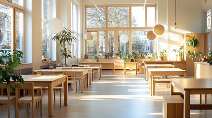 Obraz premium Bright, modern coworking space with modular wooden desks arge windows letting in natural light