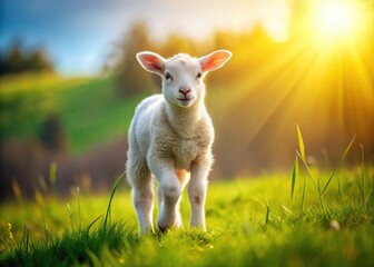 Obraz premium Adorable lamb frolics in a grassy field, its fluffy wool gleaming in the sun.