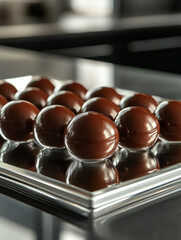 Obraz premium Chocolate spheres on a reflective surface.