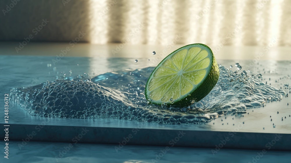 Poster A lime slice floating on a sparkling wave, surrounded by shimmering water droplets, evoking a sense of cool summer refreshment, with a minimalist podium.