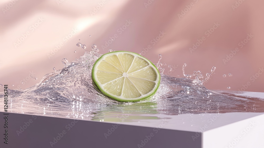 Aufkleber A lime slice floating on a sparkling wave, surrounded by shimmering water droplets, evoking a sense of cool summer refreshment, with a minimalist podium.