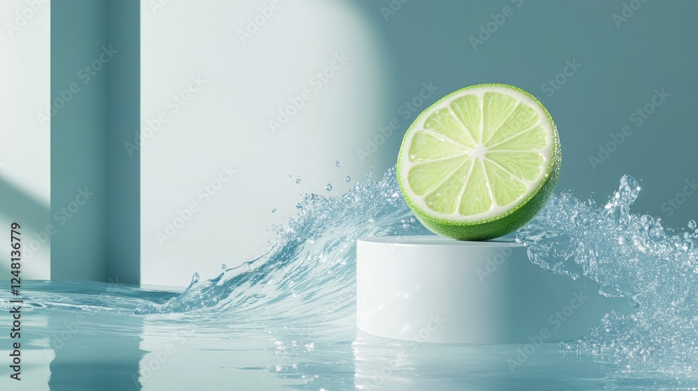 Poster A lime slice floating on a sparkling wave, surrounded by shimmering water droplets, evoking a sense of cool summer refreshment, with a minimalist podium.