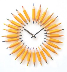 Wall clock made of pencils on a white background