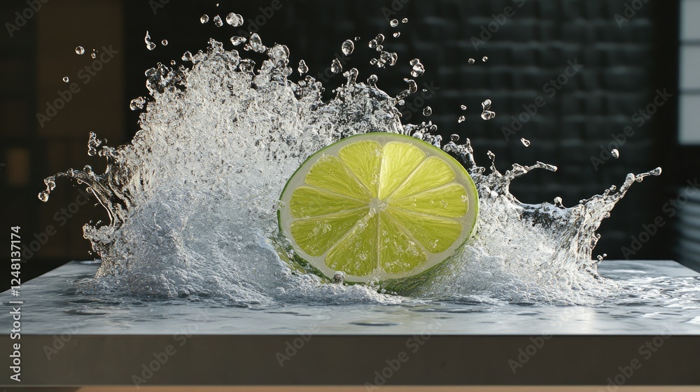 Poster A lively lime slice riding a sparkling wave of water, symbolizing refreshing coolness, with an empty display pedestal ready for product showcase.