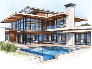 Fototapeta premium Architecturally impressive contemporary house design showcasing large windows and a pool