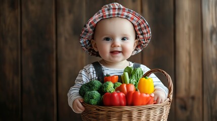 Baby in a farmer outfit holding a toy basket of vegetables, rural theme with room for text