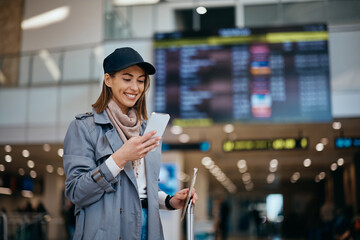 Happy traveler using mobile phone while waiting for her flight at airport.